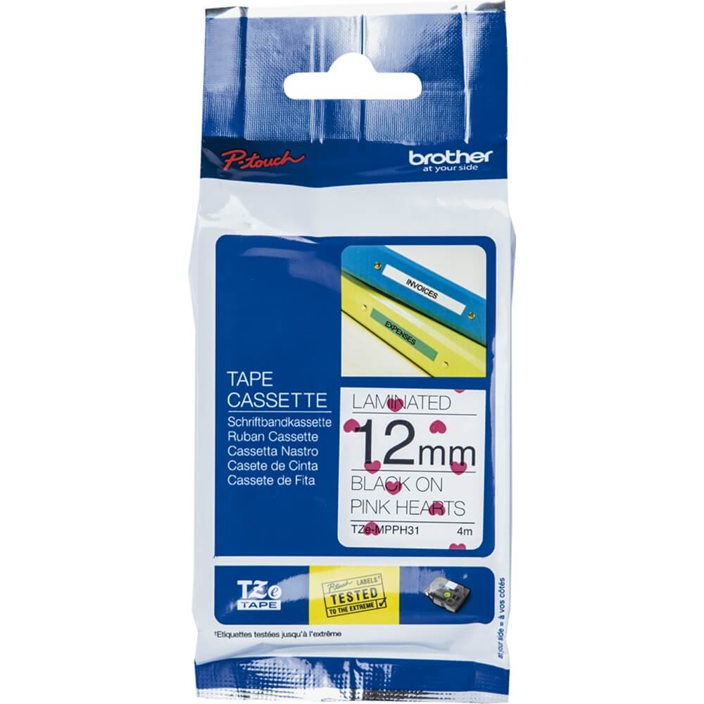 Fita Brother TZE-MPPH31 12mm Preto sobre Rosa Corações - Impressorajato