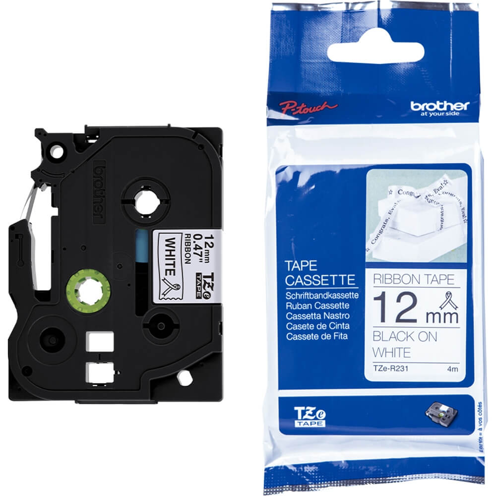 Fita Brother TZE-R231 12mm Preto sobre Cetim Branco - Impressorajato