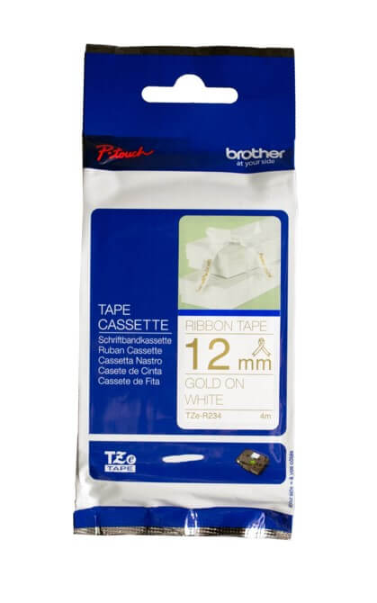 Fita Brother TZE-R234 12mm Ouro sobre Cetim Branco - Impressorajato