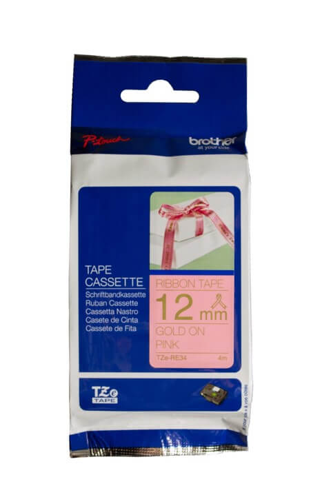 Fita Brother TZE-RE34 12mm Ouro sobre Cetim Rosa - Impressorajato