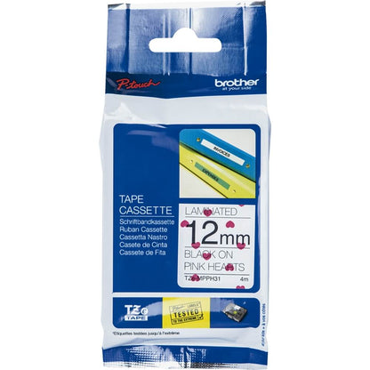 Fita Brother TZE-MPPH31 12mm Preto sobre Rosa Corações - Impressorajato