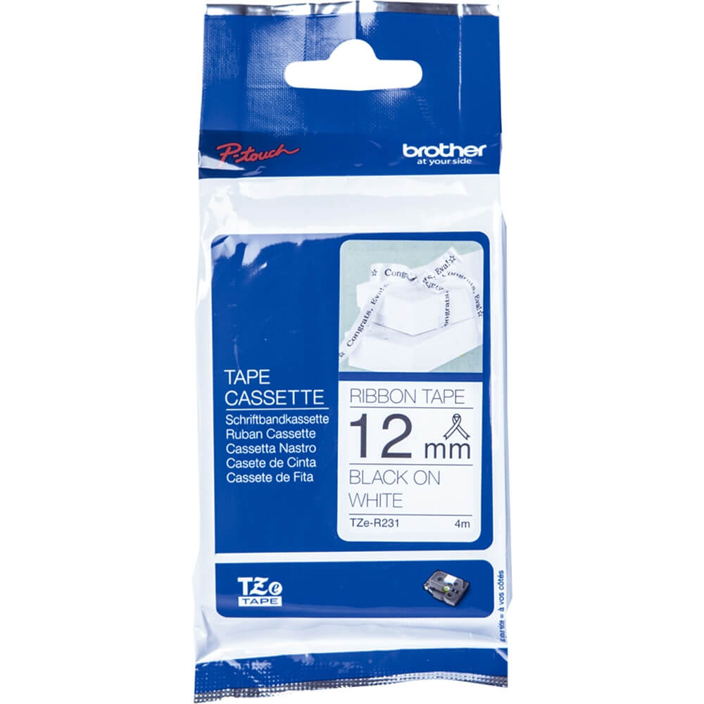 Fita Brother TZE-R231 12mm Preto sobre Cetim Branco - Impressorajato