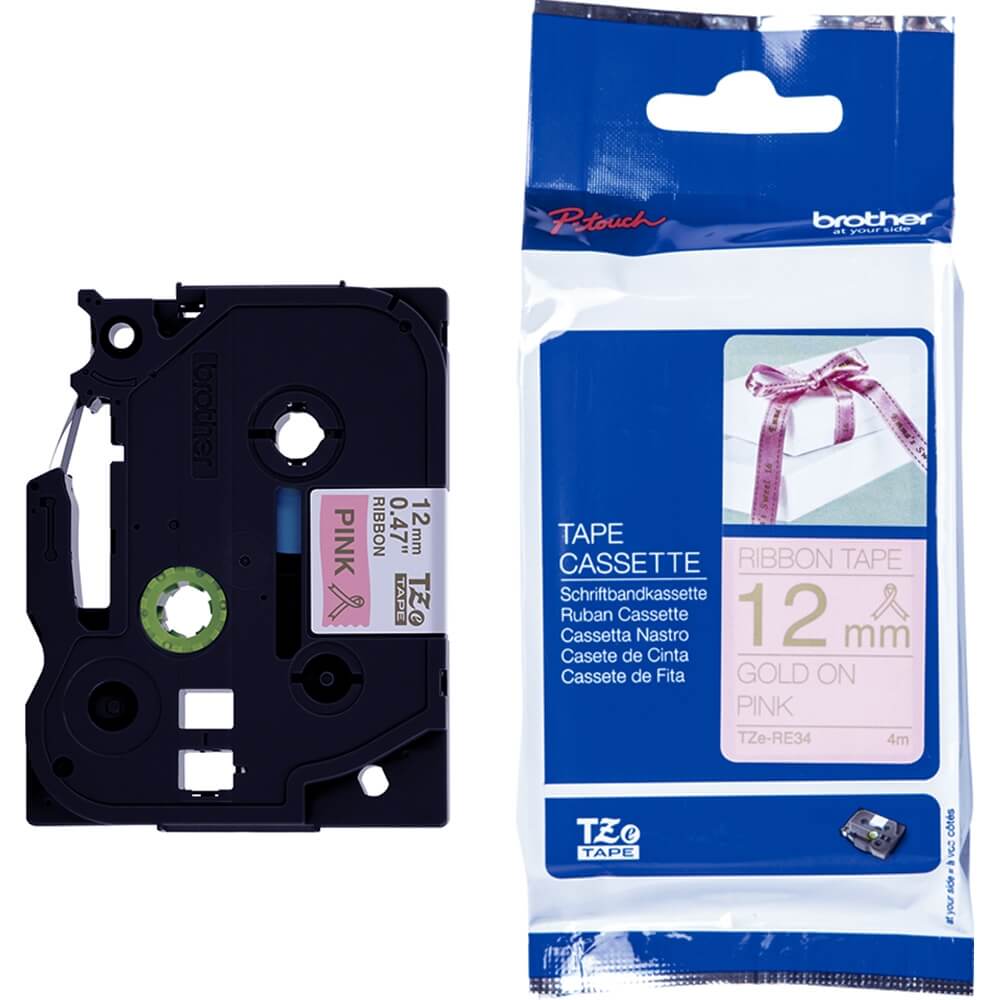 Fita Brother TZE-RE34 12mm Ouro sobre Cetim Rosa - Impressorajato
